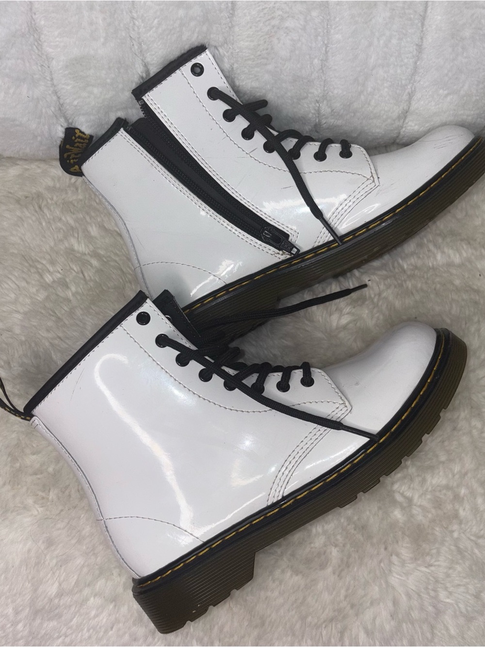 Dr. Martens White Patent Lace-Up Ankle Boots with Side Zip #white